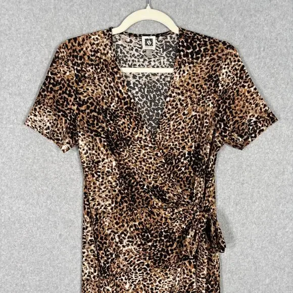Anne Klein Dress 10 Wrap Leopard Slinky Knit Stretch Waist Tie Career Church
